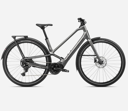 Orbea Diem 3eBike in sleek grey finish, showcasing modern design and features for urban commuting.